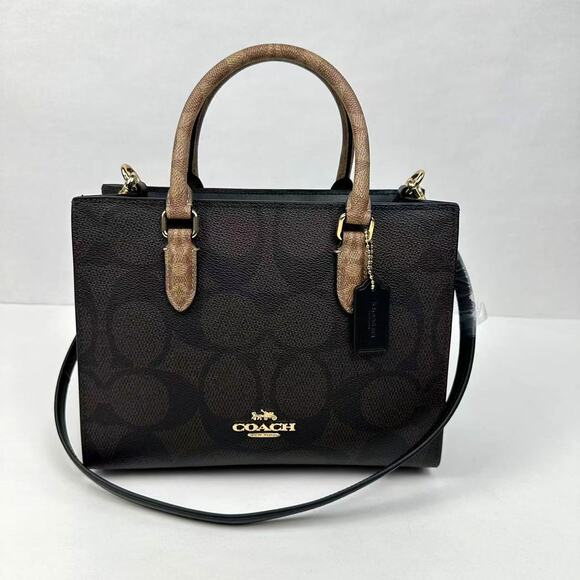 Coach Maggie Small Tote Bag In Blocked Signature Canvas Gold/Walnut/Tan CY676 - Picture 1 of 13